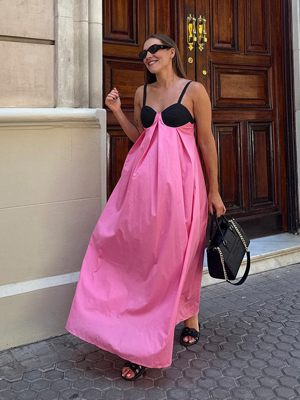 Beaumama robe longue grossesse chic vacances couleur bloc dos nu nœud papillon trapèze femme enceinte