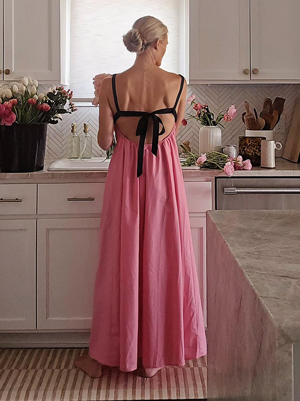 Beaumama robe longue grossesse chic vacances couleur bloc dos nu nœud papillon trapèze femme enceinte
