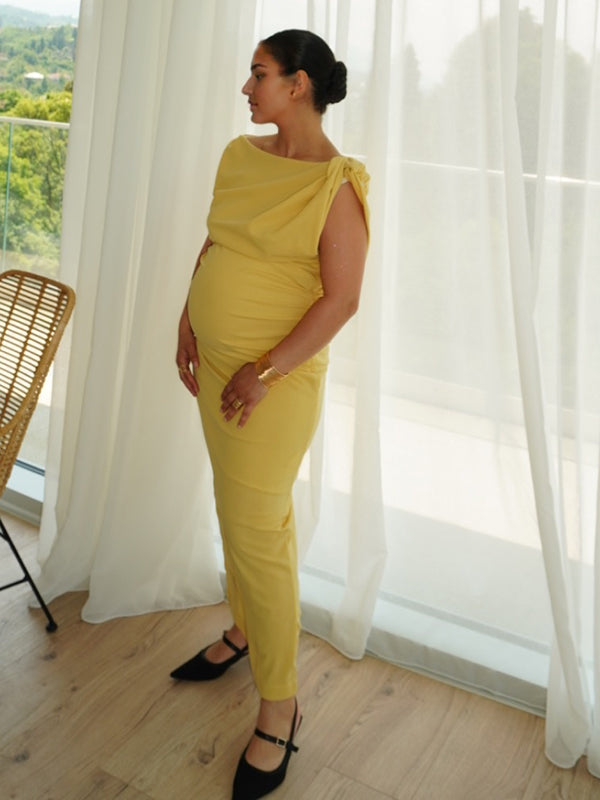 Beaumama robe longue grossesse chic cérémonie nœud plissé moulante jaune femme enceinte