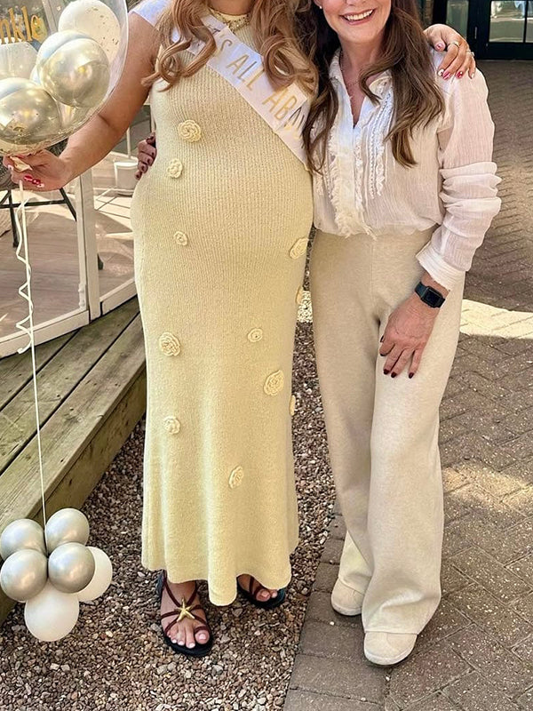 Beaumama robe longue grossesse chic babyshower 3D fleurie crochet tricot beige femme enceinte