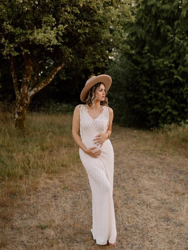 Beaumama robe photo longue grossesse bohème crochet tricot strap nœud papillon beige femme enceinte