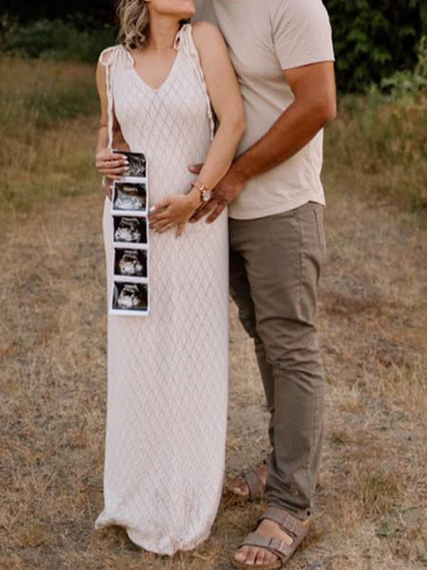 Beaumama robe photo longue grossesse bohème crochet tricot strap nœud papillon beige femme enceinte