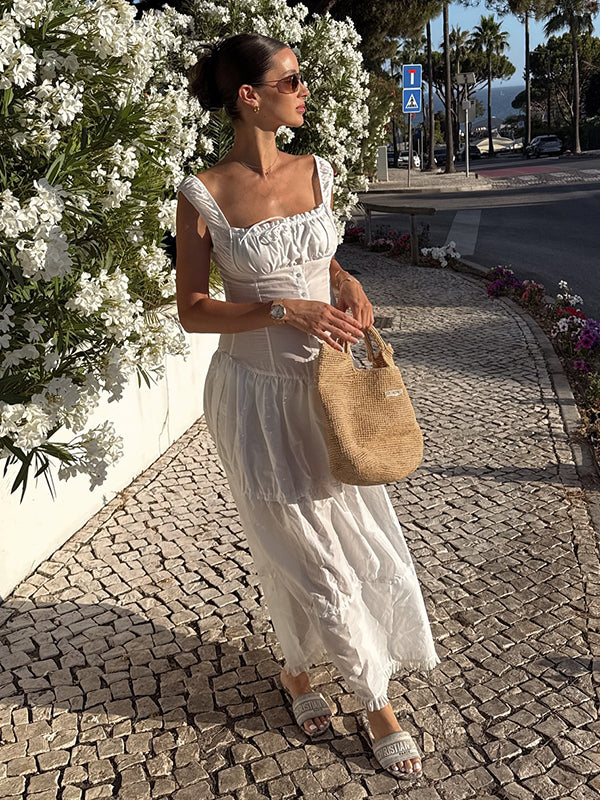 Beaumama robe longue grossesse chic vacances volants boutonnage strap trapèze femme enceinte