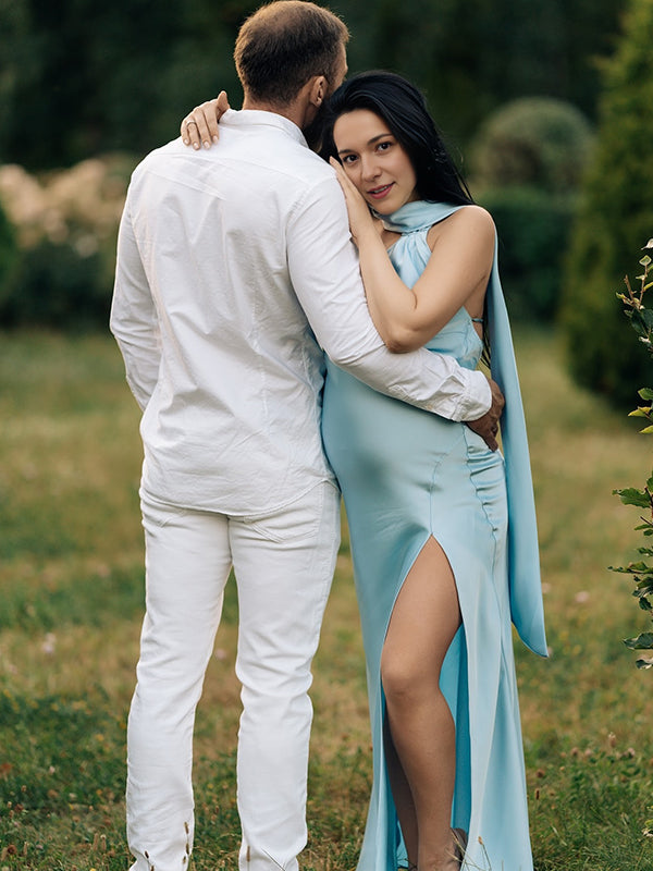 Beaumama robe longue grossesse chic enceinte shooting ruban dos nu fendu le côté femme enceinte