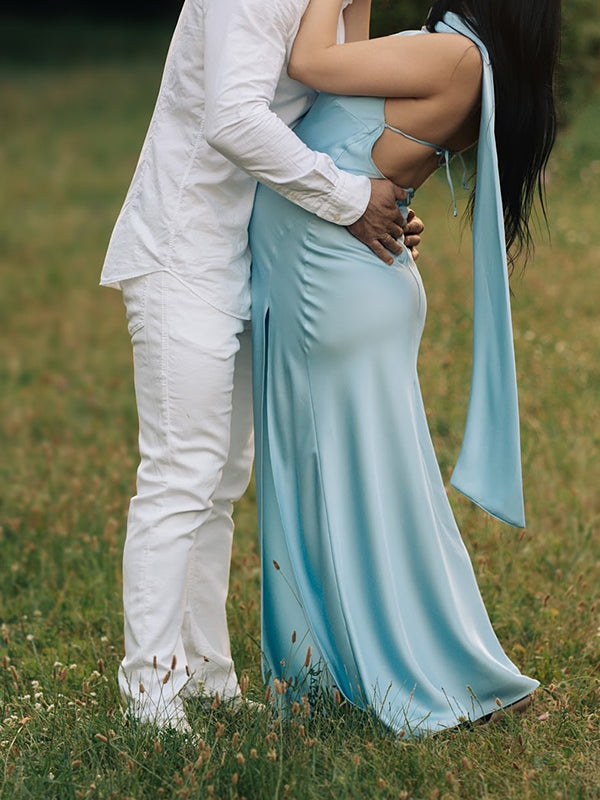 Beaumama robe longue grossesse chic enceinte shooting ruban dos nu fendu le côté femme enceinte