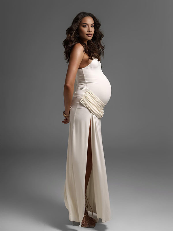 Beaumama robe photo longue grossesse chic plissé fendu le côté fluide femme enceinte