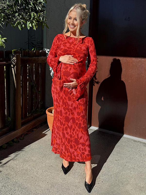 Beaumama robe longue grossesse chic cérémonie imprimé fleurie fluide manches trompette femme enceinte