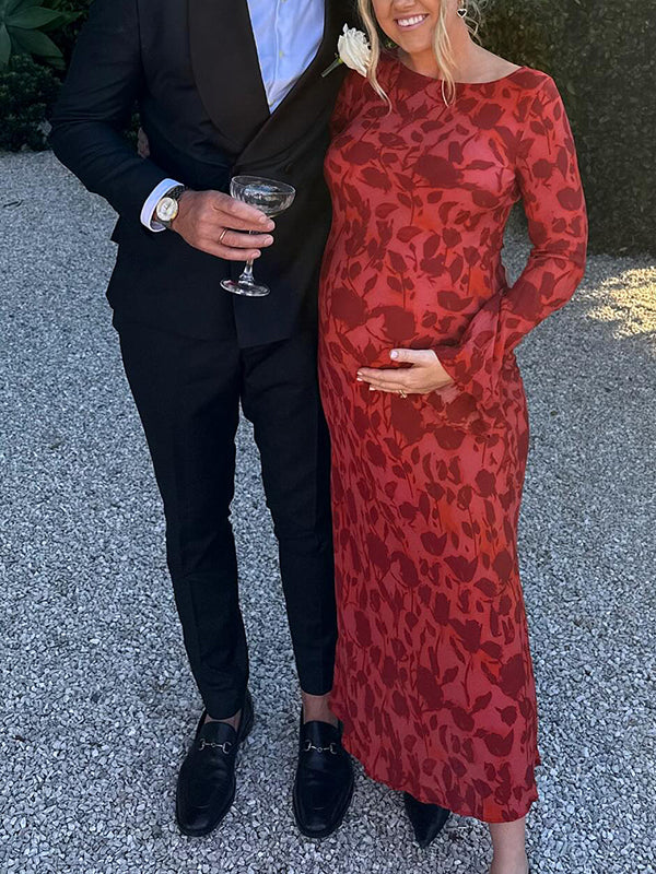 Beaumama robe longue grossesse chic cérémonie imprimé fleurie fluide manches trompette femme enceinte