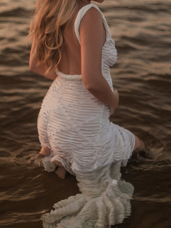 Beaumama robe photo longue grossesse chic déchiré troué volants irrégulier dos nu femme enceinte
