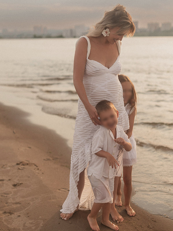Beaumama robe photo longue grossesse chic déchiré troué volants irrégulier dos nu femme enceinte