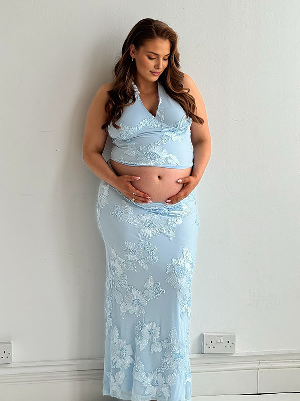 Beaumama robe longue grossesse chic cocktail 2 pièces broderie dos nu moulante licou femme enceinte