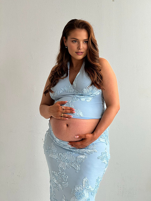 Beaumama robe longue grossesse chic cocktail 2 pièces broderie dos nu moulante licou femme enceinte