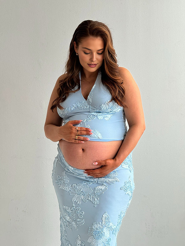 Beaumama robe longue grossesse chic cocktail 2 pièces broderie dos nu moulante licou femme enceinte