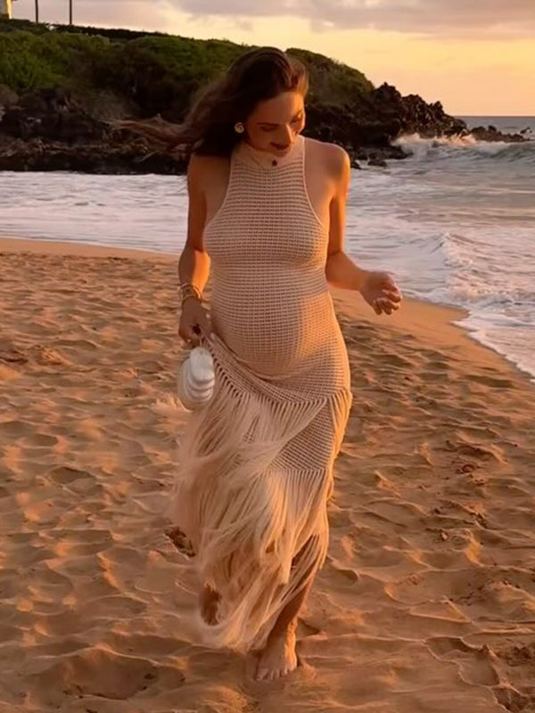 Beaumama robe longue grossesse chic vacances crochet tricot frange irrégulier femme enceinte