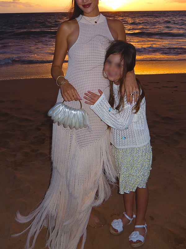 Beaumama robe longue grossesse chic vacances crochet tricot frange irrégulier femme enceinte