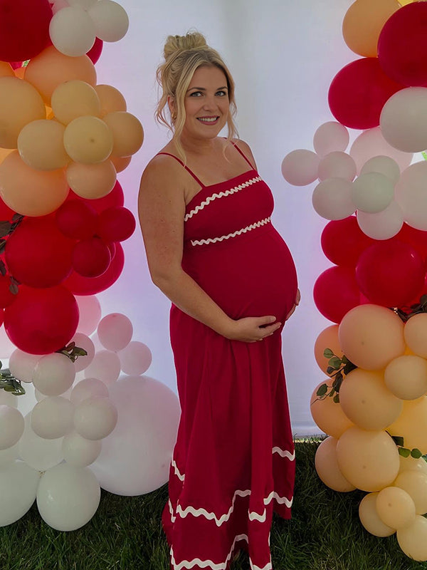 Beaumama robe longue grossesse chic babyshower couleur bloc bord ondulé spaghettiträger trapèze femme enceinte