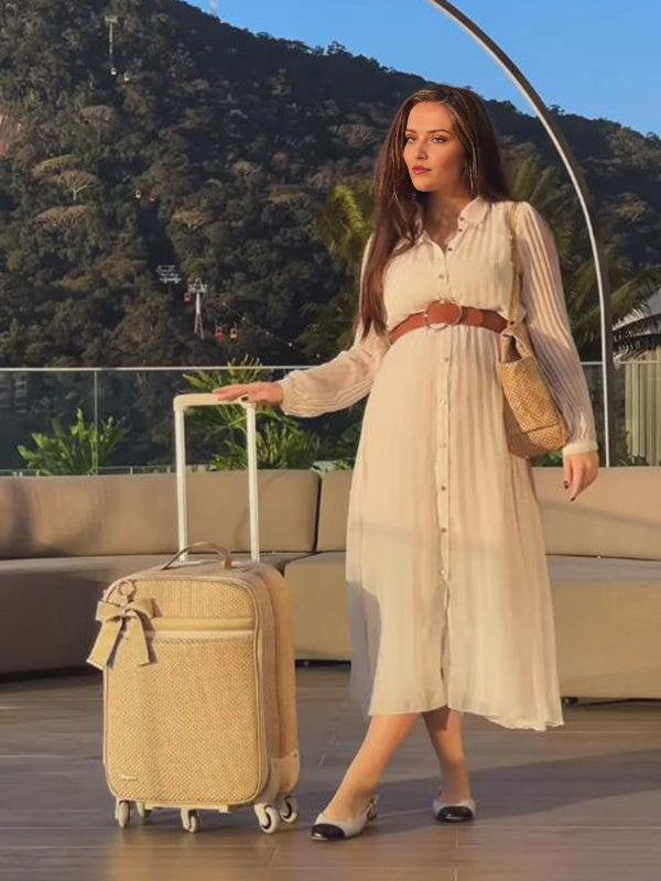 Beaumama robe longue grossesse chic vacances ceinture plissé boutonnage femme enceinte
