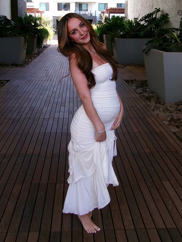 Beaumama robe longue grossesse chic cocktail froufrou volants fendu le côté femme enceinte