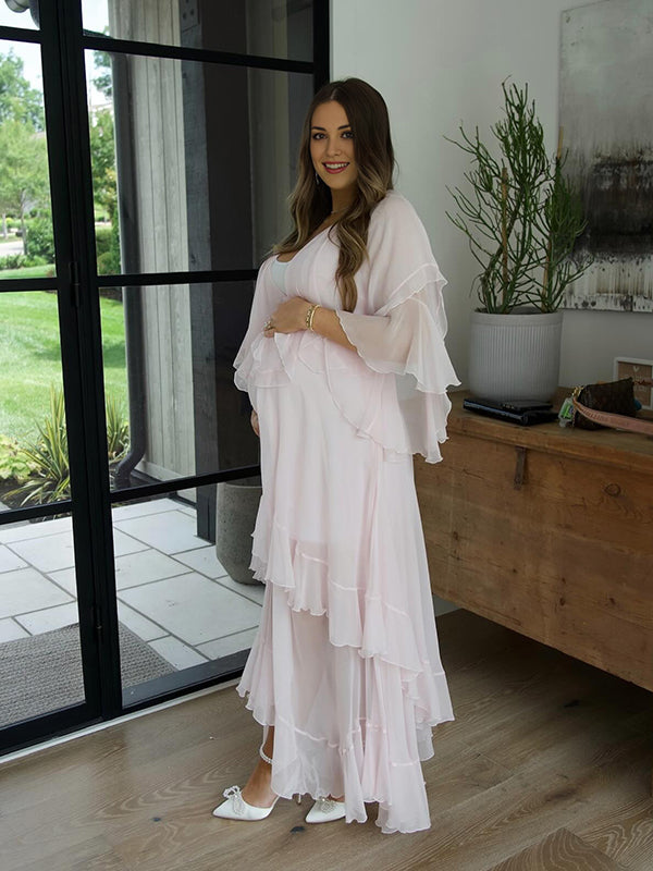 Beaumama robe longue grossesse chic babyshower froufrou volants fluide dos nu femme enceinte