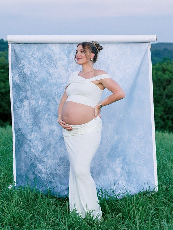 Beaumama robe photo longue grossesse chic vacances 2 pièces épaule asymétrique plissé femme enceinte