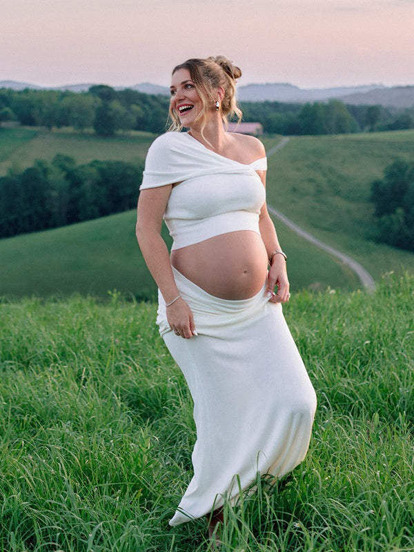 Beaumama robe photo longue grossesse chic vacances 2 pièces épaule asymétrique plissé femme enceinte