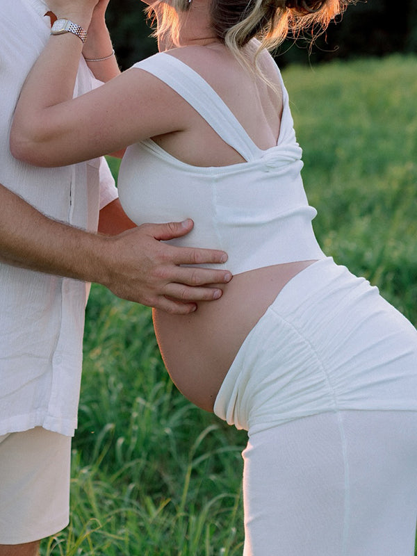 Beaumama robe photo longue grossesse chic vacances 2 pièces épaule asymétrique plissé femme enceinte