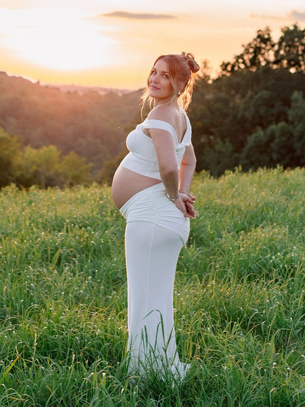 Beaumama robe photo longue grossesse chic vacances 2 pièces épaule asymétrique plissé femme enceinte