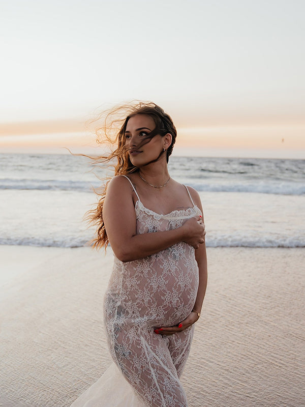 Beaumama robe photo longue grossesse chic dentelle transparent volants spaghettiträger femme enceinte