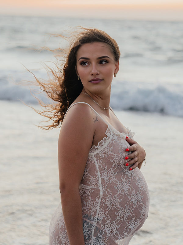 Beaumama robe photo longue grossesse chic dentelle transparent volants spaghettiträger femme enceinte