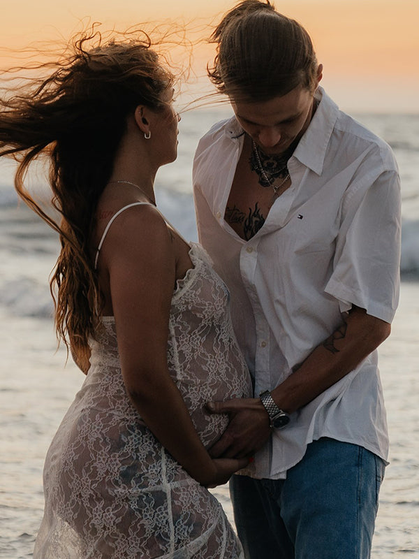 Beaumama robe photo longue grossesse chic dentelle transparent volants spaghettiträger femme enceinte