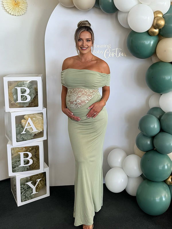 Beaumama robe longue grossesse chic babyshower dentelle épissage épaule dénudée sirene femme enceinte