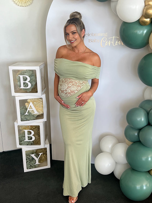 Beaumama robe longue grossesse chic babyshower dentelle épissage épaule dénudée sirene femme enceinte