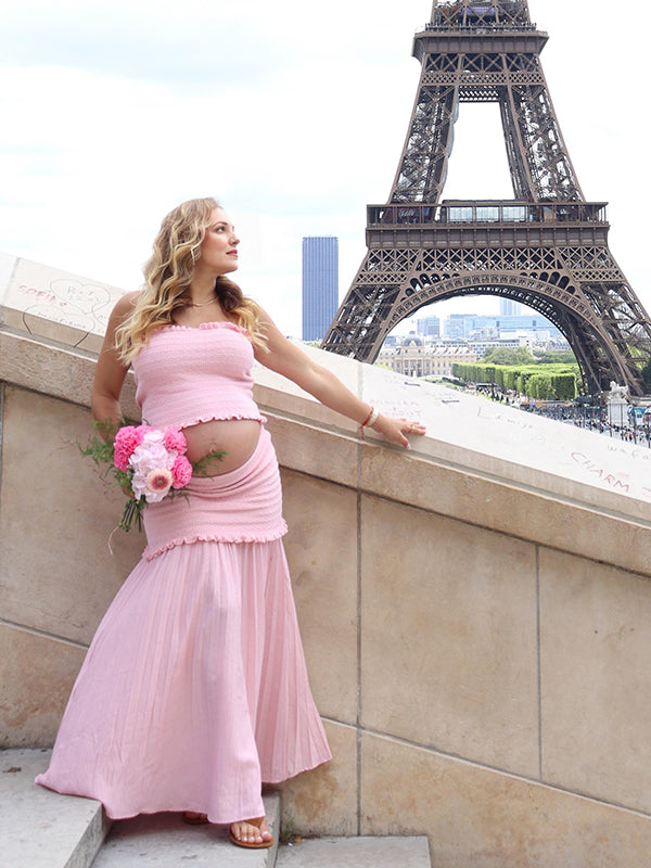 Beaumama robe photo longue grossesse vacances 2 pièces épissage ruchés froncées plissé haut tubulaire jupe femme enceinte