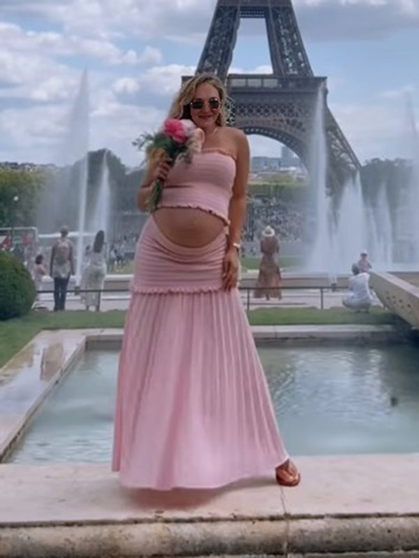 Beaumama robe photo longue grossesse vacances 2 pièces épissage ruchés froncées plissé haut tubulaire jupe femme enceinte