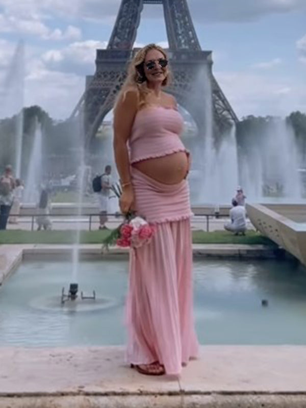Beaumama robe photo longue grossesse vacances 2 pièces épissage ruchés froncées plissé haut tubulaire jupe femme enceinte