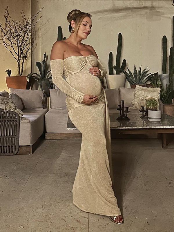 Beaumama robe longue grossesse chic soirée épaule dénudée plissé drapé sur le côté moulante femme enceinte