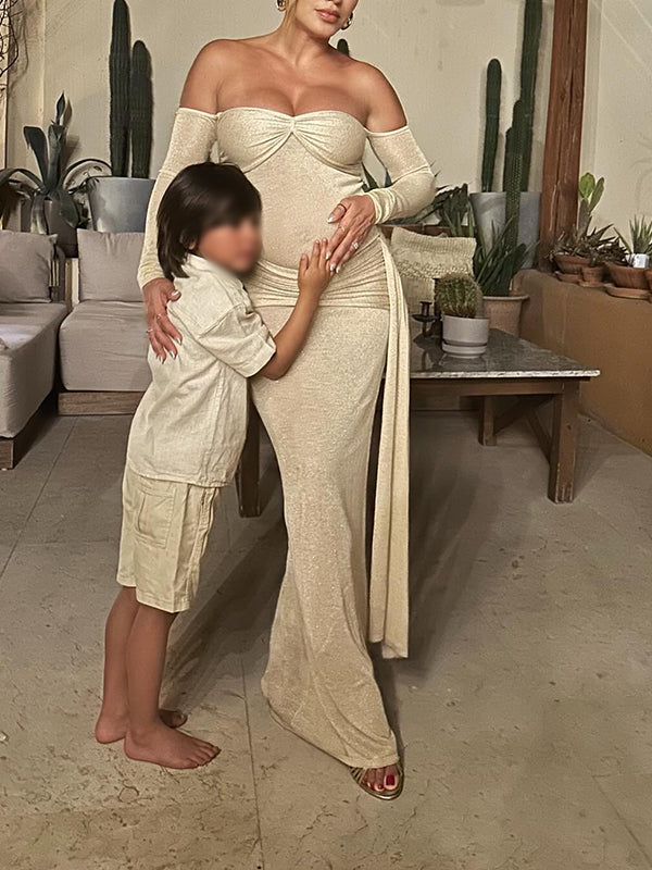 Beaumama robe longue grossesse chic soirée épaule dénudée plissé drapé sur le côté moulante femme enceinte