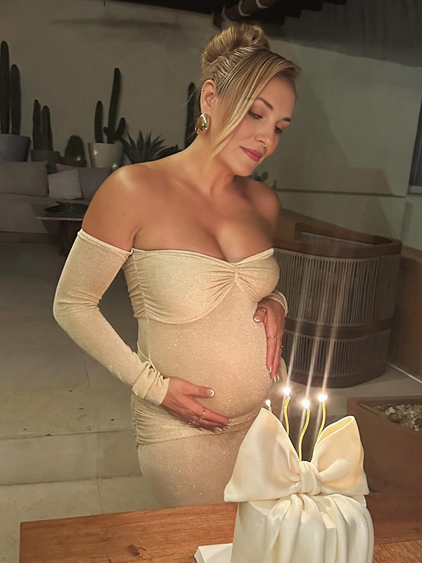 Beaumama robe longue grossesse chic soirée épaule dénudée plissé drapé sur le côté moulante femme enceinte