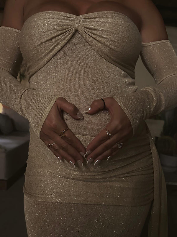Beaumama robe longue grossesse chic soirée épaule dénudée plissé drapé sur le côté moulante femme enceinte