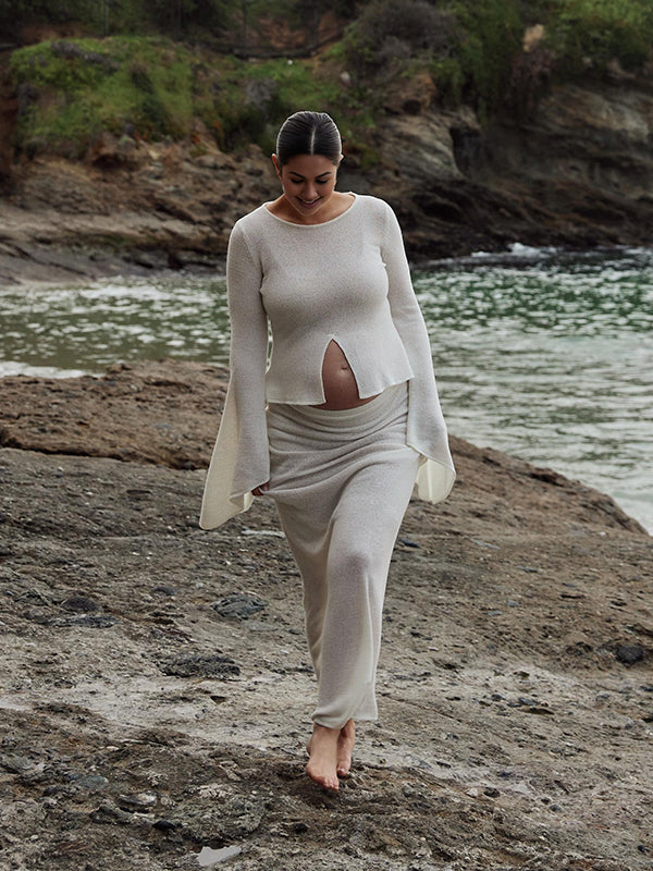 Beaumama robe photo longue grossesse vacances 2 pièces crochet tricot fente avant moulante manches trompette femme enceinte