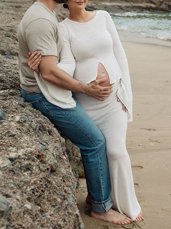 Beaumama robe photo longue grossesse vacances 2 pièces crochet tricot fente avant moulante manches trompette femme enceinte