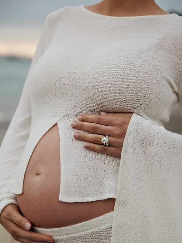 Beaumama robe photo longue grossesse vacances 2 pièces crochet tricot fente avant moulante manches trompette femme enceinte
