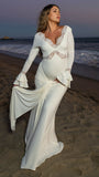 Beaumama robe photo longue grossesse chic dentelle nœud drapé sur le côté volants manches évasées femme enceinte