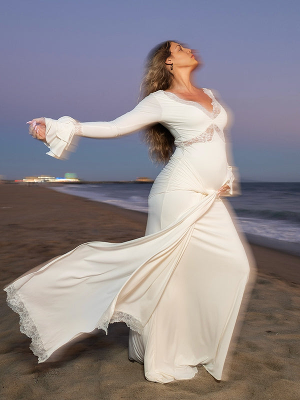 Beaumama robe photo longue grossesse chic dentelle nœud drapé sur le côté volants manches évasées femme enceinte