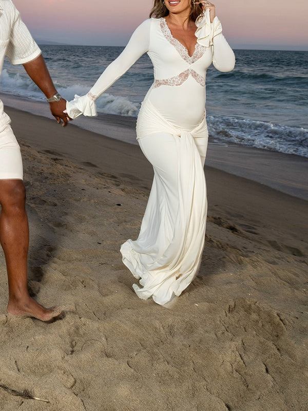 Beaumama robe photo longue grossesse chic dentelle nœud drapé sur le côté volants manches évasées femme enceinte