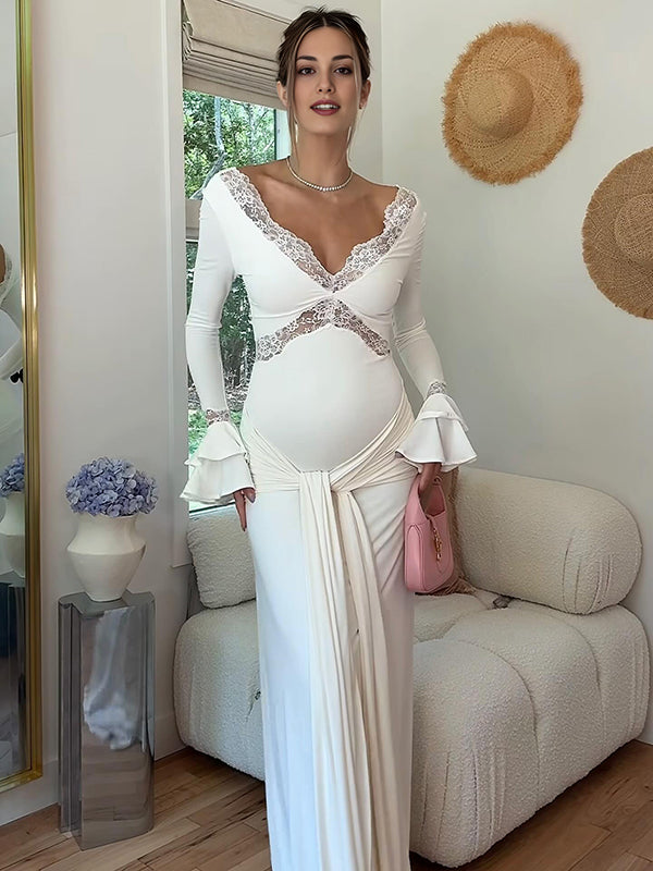 Beaumama robe photo longue grossesse chic dentelle nœud drapé sur le côté volants manches évasées femme enceinte