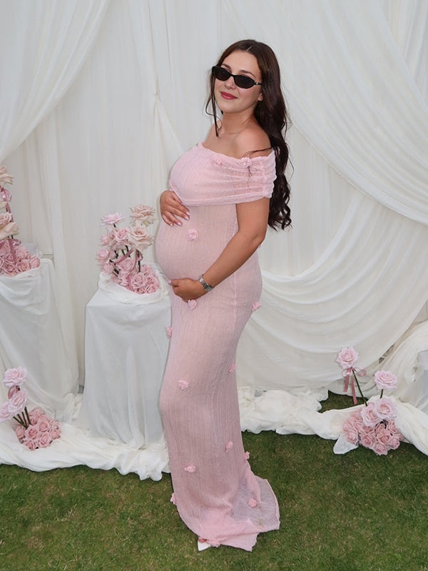Beaumama robe longue grossesse chic babyshower épaule dénudée tulle 3D fleurie moulante femme enceinte