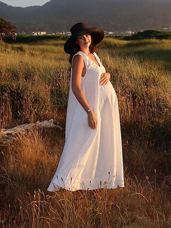Beaumama robe photo longue grossesse vacances bohème trapèze fluide poches femme enceinte