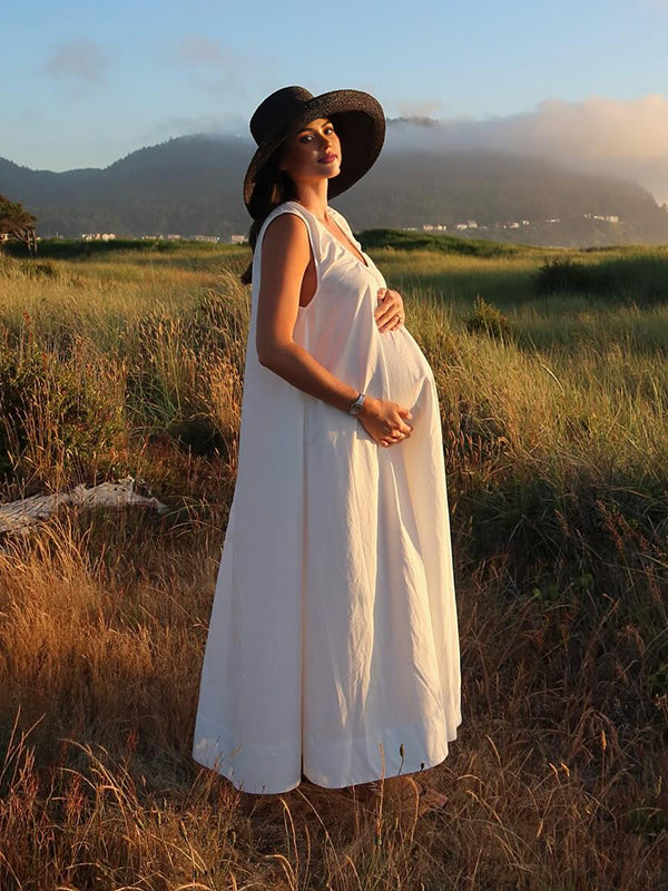 Beaumama robe photo longue grossesse vacances bohème trapèze fluide poches femme enceinte