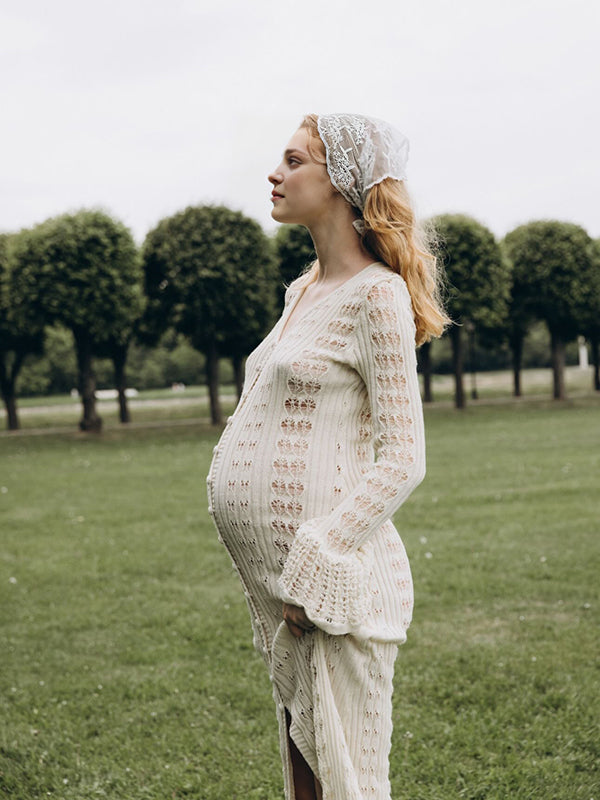 Beaumama robe photo longue grossesse vacances crochet tricot boutonnage découpe volants femme enceinte